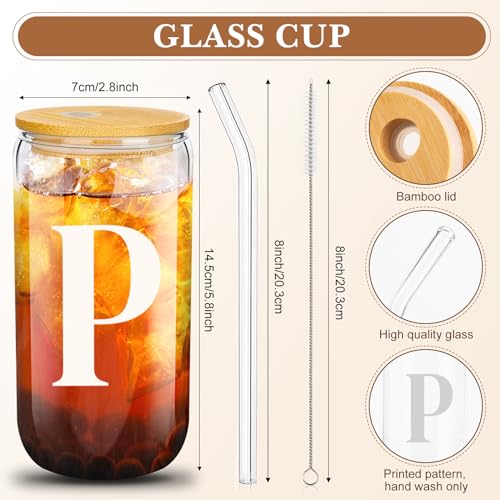 Aliceset Initial Gifts for Women Monogram Canvas Tote Bag and Makeup with Zipper and Initial Glass Coffee Cup Gifts for Her - style: Letter P