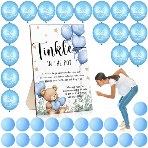 Tatuo 71 Tinkle in The Pot Baby Shower Game Sign Wooden Baby Shower Gender Reveal Party Favors 20 Table Tennis Balls 50 Balloon Latex Balloon(Bear,Blue) - color: Blue, style: Bear