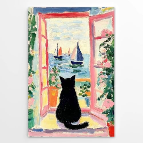 Vintage Colorful Black Cat Wall Art Funny Floral Oil Painting Poster Aesthetic Animal Print Window Landscape Picture for Dorm Bedroom Gallery Living Room or Pet Lover 8x12inch Unframed - color: Colorful - Unframed, size: 8"L x 12"W