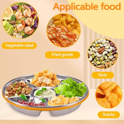 ASTIMESA Divided Serving Tray with Lid 6 Compartments, 10.4 Inch Stainless Steel Round Veggie Tray, Reusable Snack Box Container Fruit Platter Parties Fridge Food Storage Picnic (1 pcs)