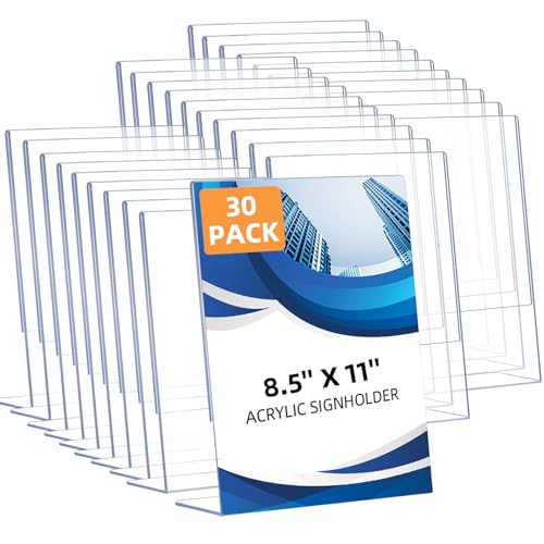 DECOHOBO 30 Pack Acrylic Sign Holder 8.5 x 11, Clear Plastic Display Stands for Tabletop, L-Shape Acrylic Stands for Flyers, Documents, Office, Restaurants, Vertical Sign Holder 8.5x11 for Desktop