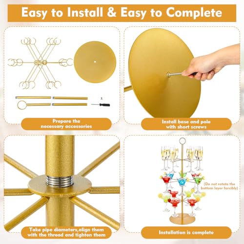 Cocktail Tree Stand for Drinks Wine Champagne Glass Tower for Parties, 3 Tiers 18 Holders Bar Wedding Metal Wine Glass Display Holder for Martinis Margarita Cups(Gold,Round Bottom,1 Pcs) - color: Gold