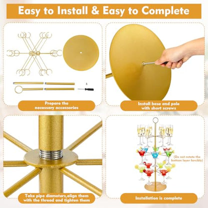Cocktail Tree Stand for Drinks Wine Champagne Glass Tower for Parties, 3 Tiers 18 Holders Bar Wedding Metal Wine Glass Display Holder for Martinis Margarita Cups(Gold,Round Bottom,1 Pcs) - color: Gold