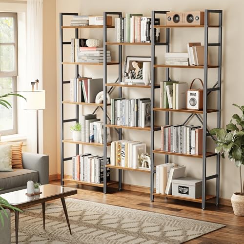 SUPERJARE Triple Bookshelf, Bookcase with 14 Open Display Shelves, Wide Book Shelf Book Case for Home & Office, 5 Tier, Brown - color: Rustic Brown, size: 5 Tier
