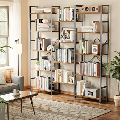 SUPERJARE Triple Bookshelf, Bookcase with 14 Open Display Shelves, Wide Book Shelf Book Case for Home & Office, 5 Tier, Brown - color: Rustic Brown, size: 5 Tier