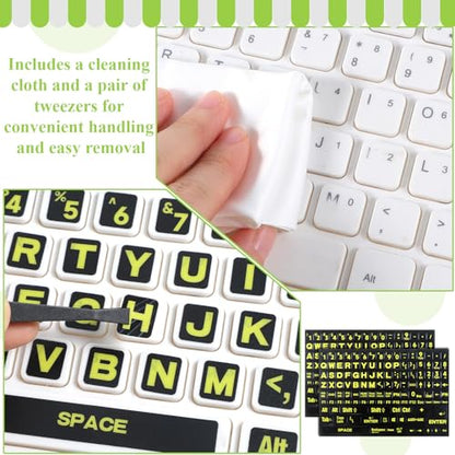 2PCS English Keyboard Stickers, Large Print Laptop Keyboard Stickers with Tweezers & Cloth, Replacement Big Bright Yellow Lettering for Sight Impaired, Alphabet Letter Sticker for Laptop PC Computer
