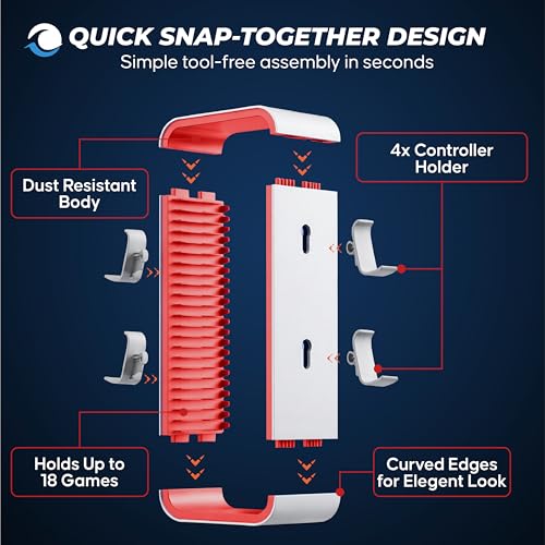 Universal Games Storage Tower Pro - for Up to 18 Games - with Controller Holder for up to 4 Gamepads - Gaming Accessories for PS5, PS4, PS3, Xbox X/S/One, Switch 1 + 2, Switch OLED, BluRay, - color: White/Red
