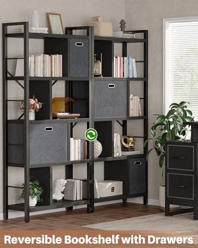 Armocity Bookshelf with Drawers - 5 Tier Tall Bookcase Geometric Modern Book Shelf Display Standing Bookshelves with Storage for Living Room, Bedroom Home Office, Black - color: Black