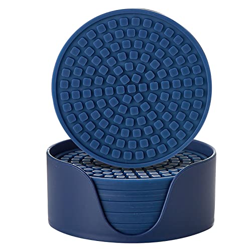 Colinda Silicone Drink Coasters with Holder, Set of 6, Outdoor Cup Mat for Hot or Cold Drinks, Thickened, Non-Slip,Non-Stick, Navy Blue - color: Navy Blue