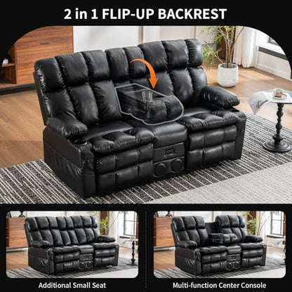 Loveseat Recliner Sofa with Massage & Heat, Reclining Loveseat with Console with Drop Down Table, Bluetooth Speaker, USB/Outlet/Storage/Cup Holder/Side Pocket, Home Theater Seating, Black - color: Black, size: Loveseat with Console