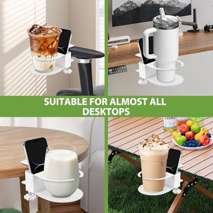 Desk Cup Holder for Coffee Mugs, Tumblers, Water Bottles with Mobile Phone Stand, Anti-Spill Metal School Home Office Accessories (White-1) - color: White-1
