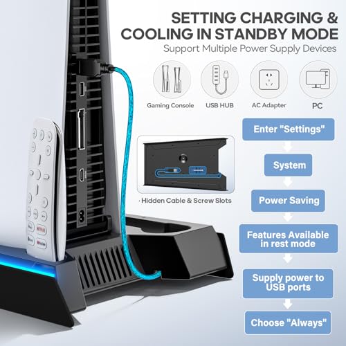 Rysker PS5/Slim/Pro Stand, PS5 Cooling Station Built-in 3-Level Cooling Fan & Fast Charger for Disc & Digital, PS 5 Accessories with Safety Screw and Headset Holder for PlayStation 5 Case - color: Deep Black
