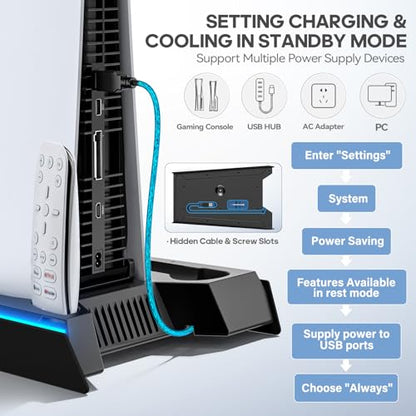 Rysker PS5/Slim/Pro Stand, PS5 Cooling Station Built-in 3-Level Cooling Fan & Fast Charger for Disc & Digital, PS 5 Accessories with Safety Screw and Headset Holder for PlayStation 5 Case - color: Deep Black