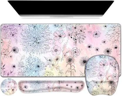 Large Mouse Pad, Keyboard Wrist Rest Set, Ergonomic Mouse Pad with Wrist Support, Desk Mat with Stitched Edges Extended Desk Pad Waterproof Desk Mat for Home Office Game I Dandelion & Sunflower - color: Dandelion & Sunflower