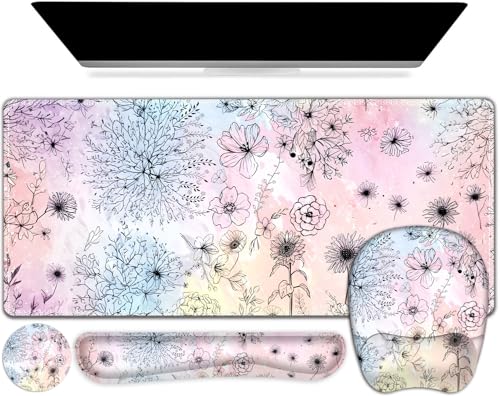 Large Mouse Pad, Keyboard Wrist Rest Set, Ergonomic Mouse Pad with Wrist Support, Desk Mat with Stitched Edges Extended Desk Pad Waterproof Desk Mat for Home Office Game I Dandelion & Sunflower - color: Dandelion & Sunflower