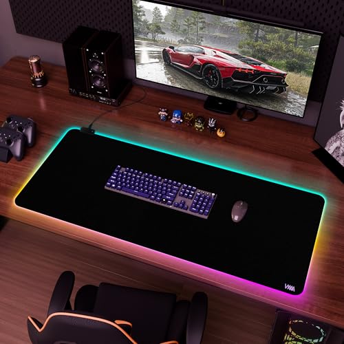 Vyaaa 47" x 20" RGB Gaming Mouse Pad, XXL LED Desk Mat with 9 Light-Up Modes, Smooth Surface & Non-Slip Rubber Base for Gaming/Office/Home (Black) - color: Black, size: 47L x 20W inches