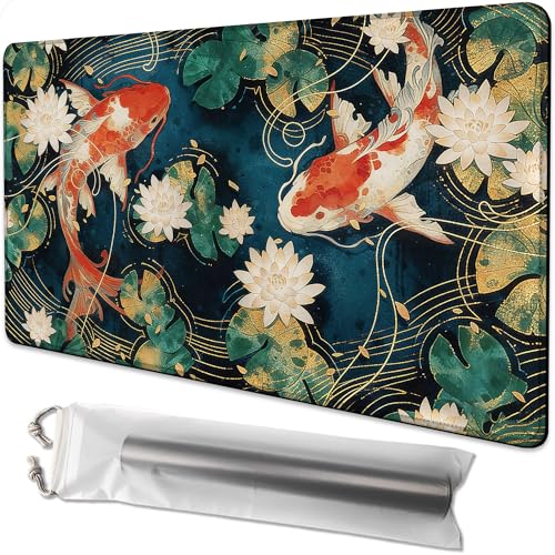 Playmat for MTG Lotus Leaves Koi Magic Play Mat 24x14 Inch Card Game Mat for Magic The Gathering TCG PTCG Playmat with Free Storage Bags Non-Slip Backing and Stitched Edge - color: Lotus Leaves Koi No With Zones