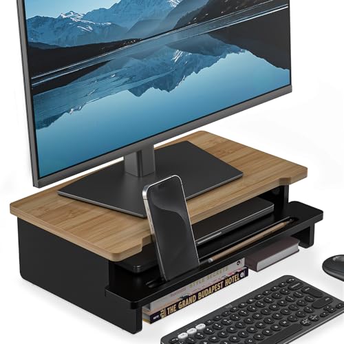Computer Monitor Stand Riser, 16.5 Inch Wood Desk Shelf Storage Organizer with Phone Tablet Holder, Black & Dark Bamboo - color: Black & Dark Bamboo, size: 16.5 inch