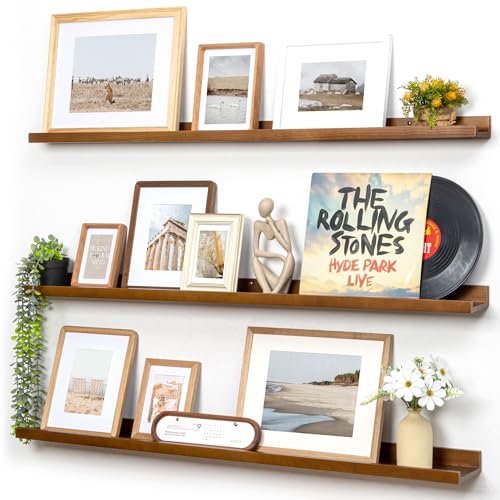 FLYJOE Picture Ledge Wall Shelves 48 Inches Width Set of 3, Solid Pine Wood Rustic Floating Ledge for Kids' Room Bedroom Kitchen Bathroom, Long Floating Shelves for Wall Decor, Walnut - color: Walnut, size: 48'', set of 3