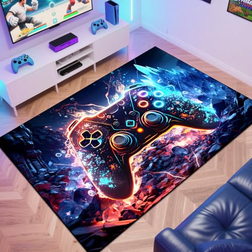Gaming Area Rug Teen Boys Carpet, Colorful Gamepad Background Game Controller Design for Game Room, Boys Girls Bedroom Playroom, Living Room (Crystal Cave, 79" x 59") - color: Crystal Cave, size: 4'11" x 6'7" (Rectangular)