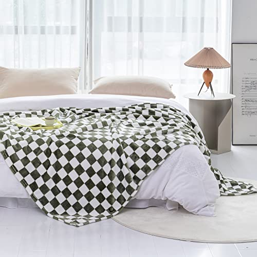 LOMAO Throw Blankets Flannel Blanket with Checkerboard Grid Pattern Soft Throw Blanket for Couch, Bed, Sofa Luxurious Warm and Cozy for All Seasons (Dark Olive, 60"x80") - color: Dark Olive, size: 60"x80"