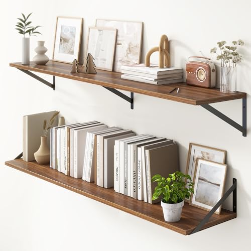 Floating Shelves 55 Inch Long, 10" Deep Floating Shelves, Walnut Wall Shelves 55 x 10, Set of 2, Wide Large Display Storage Shelves for Bathroom, Living Room, Rustic Wood Shelves with Brackets - color: Walnut, size: 55"W x 10"D