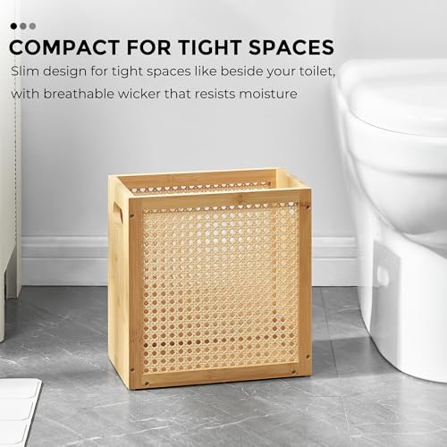 TIOPGHAD 3-Gallon Small Rattan Wicker Waste Basket Trash Can, Natural | Bamboo Frame with Handles, 11.8x6.7x11.8 inches, Waterproof Coating, Ideal for Bathroom, Office and Bedroom - color: Natural