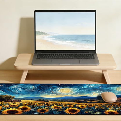 Sunflowers Under A Starry Night Sky Gaming Mouse Pad Large Desk Mat Extended Keyboard Anime Mousepad with Non-Slip Base and Stitched Edge for Desk Home Office Gaming,31.5 x 11.8 Inch - color: Sunflowers under A Starry Night Sky, size: 11.8*31.5inch