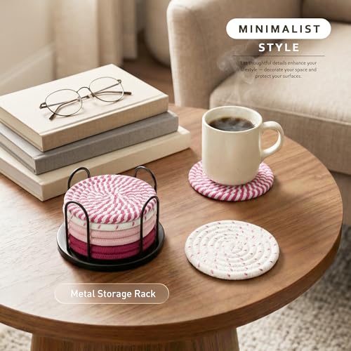 Lazebox Coasters Set of 8 for Drinks, 4 Inch Large Coasters for Coffee Table, Tabletop Protection for Hot & Cold Drinks, Versatile Coasters for Home Decor, Non-Slip & Easy to Clean, Pink - color: Pink