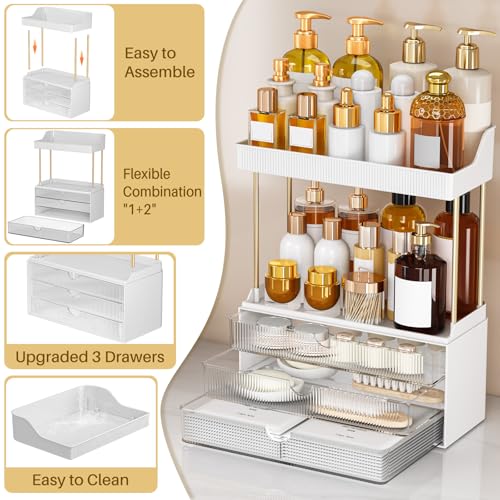 caktraie 2 Pack Bathroom Counter Organizer - 3 Drawers Makeup Organizer, Cosmetic Storage Drawer for Dresser Countertop and Bathroom Vanity for Large Skincare, Perfume, Clear - color: Clear, size: 2 PACK