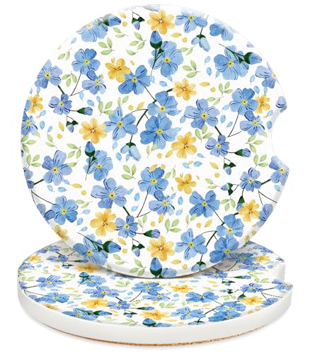 Swooflia Car Coasters for Women - Yellow-Blue Flower Ceramic Car Cupholder Coaster Absorbent Mat Coaster with Cork Base 2 Pack 2.55 inch Automotive Cup Holder Accessories New Driver Gifts for Decor - color: Yellow Blue Flower