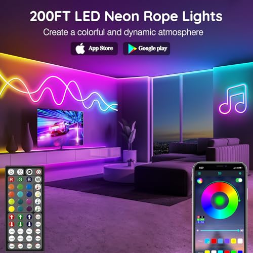AILBTON 200Ft Neon Rope Lights,Flexible Led Rope Lights Control with App/Remote,Multiple Modes Music Sync Gaming RGB Led Neon Lights for Bedroom Outdoor - size: 200FT