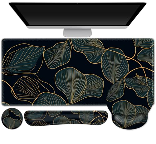 ARTSO Desk Mat Set, Large Gaming Mouse Pad Wrist Support, Keyboard Wrist Rest Ergonomic Desk Pad with Coaster Combo, Extended Mousepad with Non-Slip, Art Tropical Leaves - color: Art Tropical Leaves