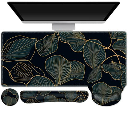 ARTSO Desk Mat Set, Large Gaming Mouse Pad Wrist Support, Keyboard Wrist Rest Ergonomic Desk Pad with Coaster Combo, Extended Mousepad with Non-Slip, Art Tropical Leaves - color: Art Tropical Leaves