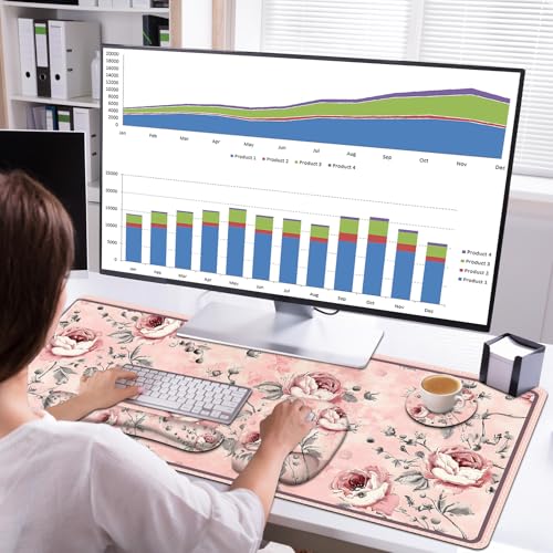 4 in 1 Large Mouse Pad, Keyboard Wrist Rest Set, Ergonomic Mouse Pad with Wrist Support, Desk Mat with Stitched Edges Extended Desk Pad Waterproof Desk Mat for Home Office Game I Pink Rose Flowers - color: Pink Rose Flowers