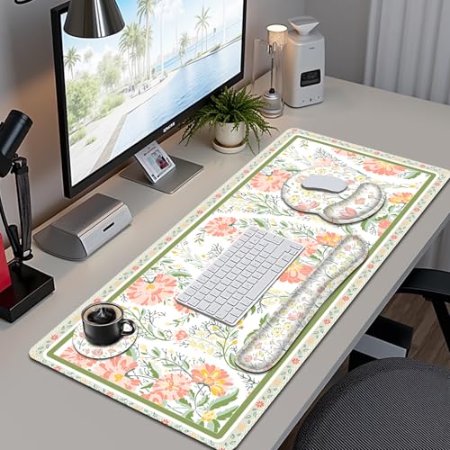 Desk Mat, 4in1 Large Mouse Pad with Wrist Rest, Cute Desk Mat, Anti-Slip XXL Computer Ergonomic Mousepad with Wrist Support for Keyboard and Mouse, Nice Yellow Flowers - color: Nice Yellow Flowers