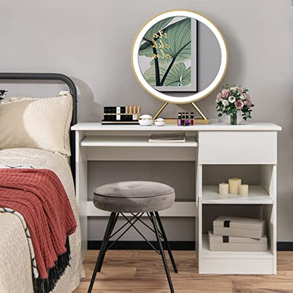 GOFLAME Home Office Desk with Drawer, Wooden Storage Computer Desk with Keyboard Tray & Adjustable Shelves, Executive Table Makeup Vanity Table Desk for Bedroom, Small Space, White