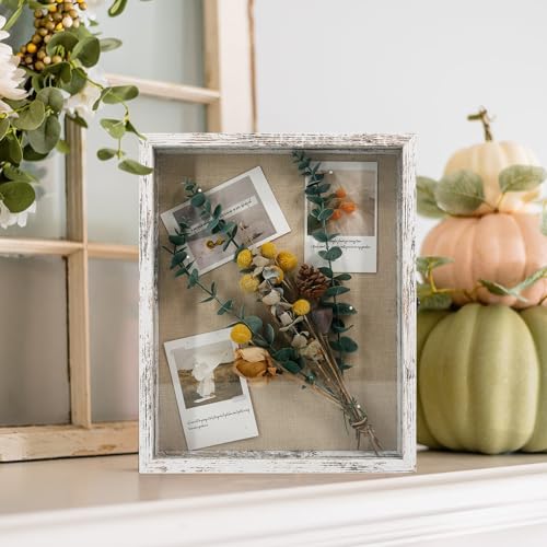 GraduationMall 13x16 Wood Shadow Box Frame Glass Door Display Case with Linen Back and 6 Stick Pins,1.5 inches Interior Depth,Ideal for Memorabilia Pictures Flowers Medals Tickets Rustic White - color: Rustic White, size: 13x16