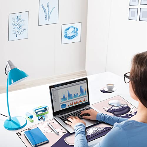 ARTSO Large Mouse Pad Set Ergonomic Keyboard Wrist Rest Support, Memory Foam Gel Wrist Pad, Non-Slip Extended Desk Mat Protector, Pink Sakura Fuji Mountain - color: Pink Sakura Fuji Mountain