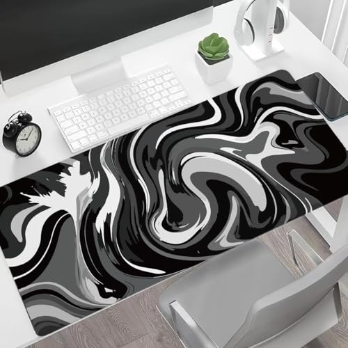 Large Gaming Mouse Pad - Black and White Mouse Pad with Stitched Edges, Extended XL Mousepad with Anti-Slip Rubber Base, Ink Liquid Wave Desk Mat for Keyboard and Mouse(31.5x15.8 inch) - color: Black & White Abstraction, size: 31.5L x 15.8W inches