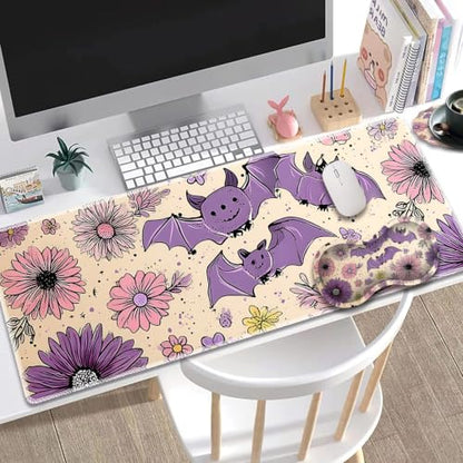 Large Gaming Mouse Pad + Wrist Rest+ Coaster Combo, 31.5 "x 11.8" Durable Non-Slip Extension Table Mat, Suitable for Office and Home, Halloween Bat Flower - color: Halloween Bat Flower
