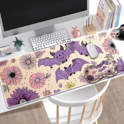 Large Gaming Mouse Pad + Wrist Rest+ Coaster Combo, 31.5 "x 11.8" Durable Non-Slip Extension Table Mat, Suitable for Office and Home, Halloween Bat Flower - color: Halloween Bat Flower