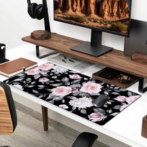 Large Extended Gaming Mouse Pad, Large Non-Slip Rubber Base Mousepad, Keyboard Mouse Mat, Desk Pad with Stitched Edges, 31.5x15.7inch Flowers and Leaves - color: Flowers and Leaves, size: 31.5L x 15.7W inches