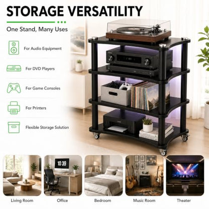 4-Tier AV Media Stand with LED Lights, Heavy Duty Mobile Stereo Cabinet Stand with Wheels, Wooden Stereo Rack, Audio Rack Furniture Perfect for DVD Player/Game Console (with Lights, 4 Tier) - color: With Lights, size: 4 Tier