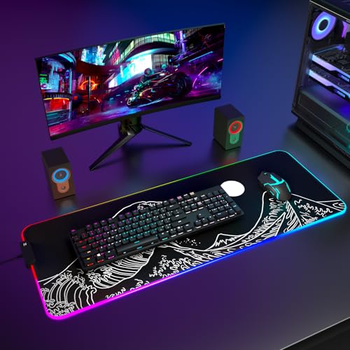 ITNRSIIET RGB Gaming Mouse Pad, Full Desk XL Extended Large Gaming Mousepad, 12 Lighting Modes 30% Thicker Big LED Desk Mat for Gamers, 32 x 12 inches, Waves Under The Moon - color: Waves Under the Moon