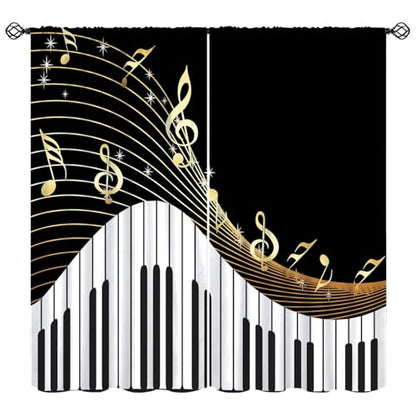 Music Musical Note Curtains, Black White Piano Key Golden Musical Notes Window Drapes for Home Bedroom Living Room 42" W X 45" L(No Blackout) - color: Musical-4, size: 20.5"W x 45"L (Pack of 2)
