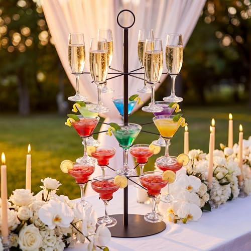Cocktail Tree Stand for Drinks Wine Champagne Glass Tower for Parties, 3 Tiers 18 Holders Bar Wedding Metal Wine Glass Display Holder for Martinis Margarita Cups(Black,Round Bottom,1 Pcs) - color: Black
