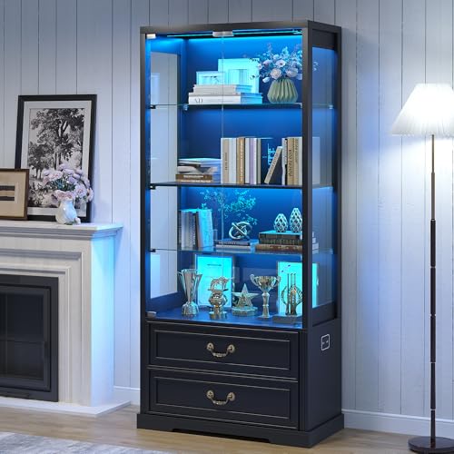 TAGELIER 67" Tall Glass Display Cabinet with Doors and 2 Storage Drawers | Sturdy Curio Cabinet with Adjustable Shelves, Smart Motion Sensor LED Lights for Living Room, Display Case for Collectibles - color: Black
