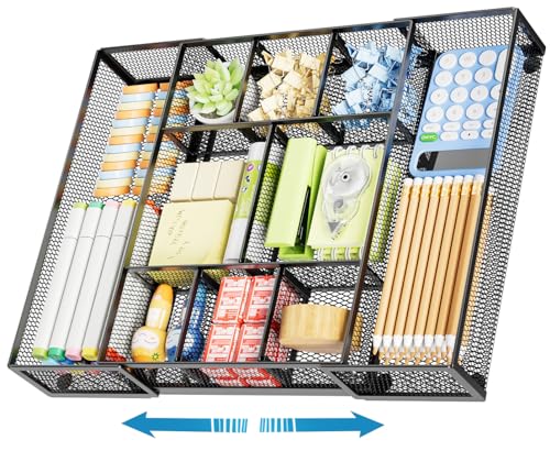 Marbrasse Expandable Desk Drawer Organizer, Mesh Drawer Organizer Tray with 10 Adjustable Compartments, Desk Organizers and Accessories, 5 Dividers Drawer for Office Supplies, Makeup & Vanity (Black) - color: Expandable-Black
