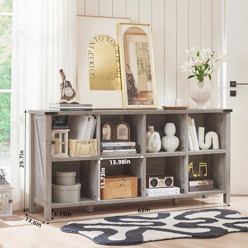 Joaxswe 8 Cube Book Shelf, Farmhouse Wood Long Storage Organizer Bookcase, 62" Horizontal Grey Oak Console Closet Bookshelf, Hallway TV Stand for Entryway, Display Cabinet Book Case for Living Room - color: Grey Oak, size: 8 Cube (13.6"D x 62"W x 29.7"H)